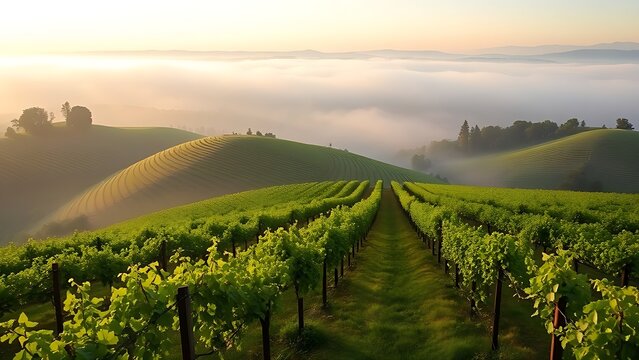 passphrase. Nebbiolo grape vineyard on Piedmont hillside with morning fog and rolling hills. travel magazines, destination branding, designed for outdoor magazines and nature guides.