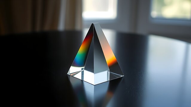 rockwell. Clear glass prism refracting rainbow light spectrum on dark surface. STEM education sheets, lab safety posters, designed for biotech research communications, used by data analysts.