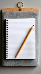 A blank notebook page with a pencil resting on it, pinned to a light gray felt board. 