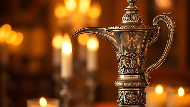 flagon. Ornate silver flagon reflecting candlelight with slight tilt, warm golden tones. bar promotions, beverage menus, designed for food & beverage menus and cafe branding.