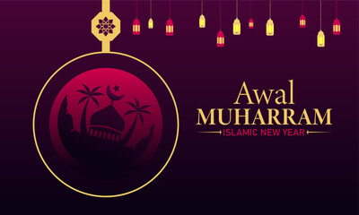 Naklejka premium Awal Muharram Poster Banner and Background Design Template Featuring Islamic Calligraphy, Mosque, and Crescent Moon Illustration for Hijri New Year Celebration, Religious Observance, and Spiritual Awa