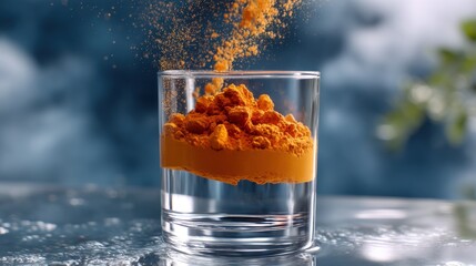 A cinematic close-up of vibrant orange powder swirling into clear water in a glass, with soft natural lighting. 