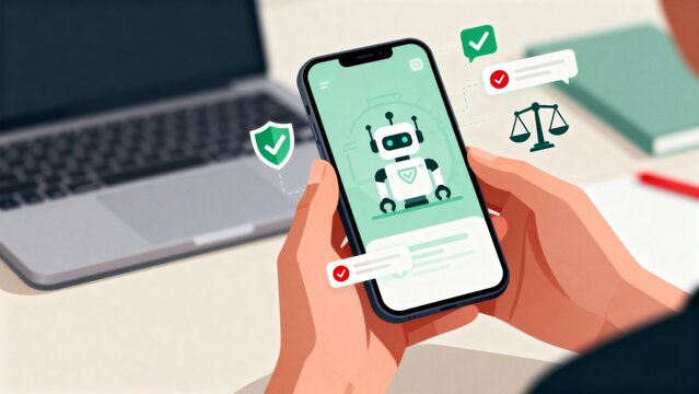 Hands holding smartphone with robot icon - Powered by Adobe
