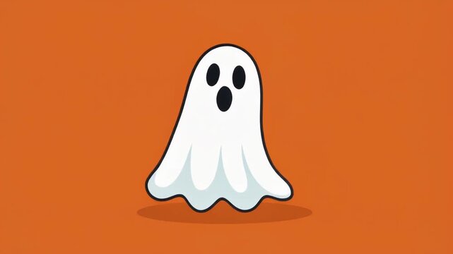 A cute cartoon white ghost with black eyes and an open mouth floating on a solid orange background, perfect for Halloween.