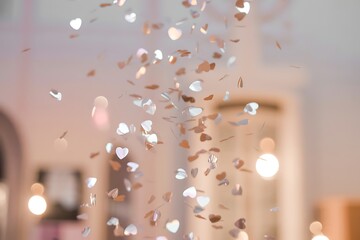 Celebration confetti falling on people at a wedding reception