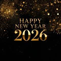 Luxury Happy New Year 2026 Celebration with Golden Fireworks on Black Background. 
