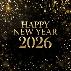 Luxury Happy New Year 2026 Celebration with Golden Fireworks on Black Background. 
