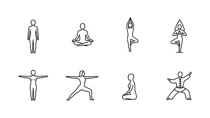 Minimalist yoga and tai chi poses in black outline for health and wellness