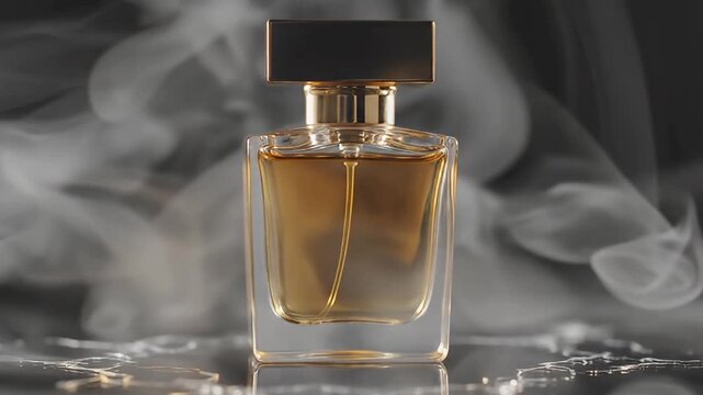 A sleek, rectangular glass fragrance bottle filled with a warm, golden amber liquid stands elegantly centered on a dark, reflective surface. Ethereal wisps of soft white smoke or vapor gracefully swir