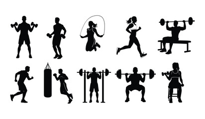 Silhouettes of People Exercising with Weights Jump Rope and Punching Bag on White Background fitness
