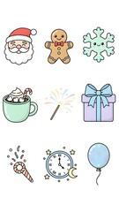 Playful Kawaii Christmas and New Year Icons Collection: Adorable Cartoon Holiday Symbols and Celebration Elements