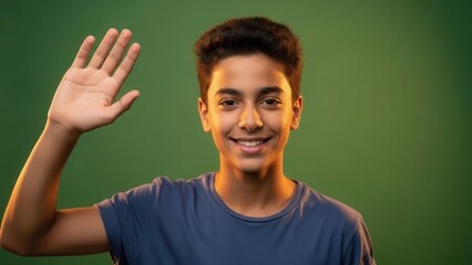 Young boy smiling and waving with a friendly gesture in casual clothing against a green background