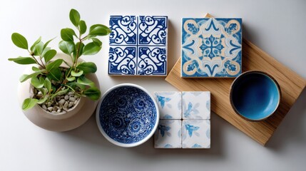 Artistic composition of vintage and modern patterned tiles for bathroom design inspiration, flat lay style. 