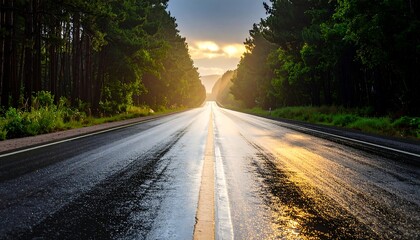 Fototapeta premium Wet Asphalt Road Through a Forest at Sunrise with Golden Light