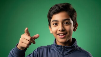Young Boy Smiling Confidently Pointing with Enthusiasm Against Green Screen