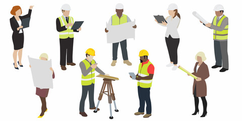 Diverse construction team reviewing plans and discussing project details on site