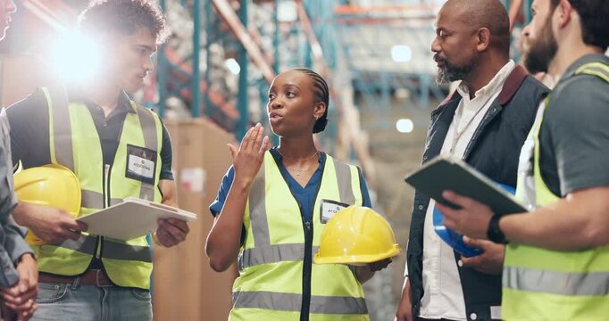 Hardhat, health and safety with people in logistics warehouse for compliance or regulations. Conversation, explain and supply chain with distribution team in storage depot for helmet or ppe training
