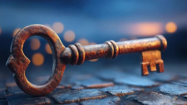 Rusty old key on stone surface with blurred background lights