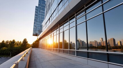 Contemporary business building with full glass curtain wall facade during sunset, urban skyline background. 