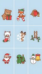 Cute Christmas Cartoon Animals and Characters with Festive Holiday Elements like Gifts, Candy Canes, Snowflakes, and Santa on Blue Background