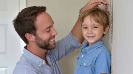 Father marking son's height on a growth chart with happy expressions at home 