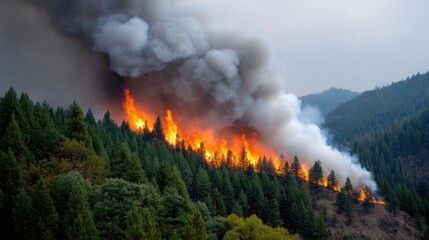 Massive wildfire spreading through dry forest with heavy smoke clouds and orange flames. 