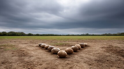 Rugby balls placed in a chevron formation on a muddy field under dramatic cloudy skies. 