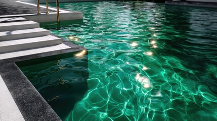 Serene emerald-green pool water with subtle sunlight waves, highlighting glossy black-and-white tiled patterns in a modern resort setting. 