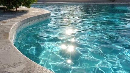 Shimmering aqua pool water with delicate ripples, illuminated by morning sun and featuring elegant marble mosaic tiles. 