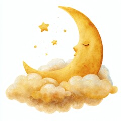 Serene Yellow Moon with Stars Floating Among Soft Clouds