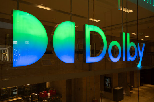 Beijing, China - Apr 25, 2024: Dolby sign is seen at the company's main Greater China office located in the World Financial Centre in Beijing, China.