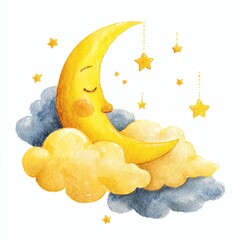 Sweet Sleepy Moon with Stars and Clouds in Soft Watercolor Style
