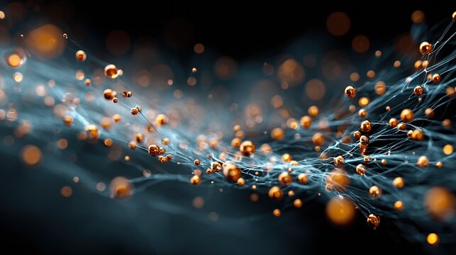 Luminescent data exchange under an abstract macroscopic concept: luminescent organic fibers and crystal nodes interconnected on a dark background, with out-of-focus light spots.