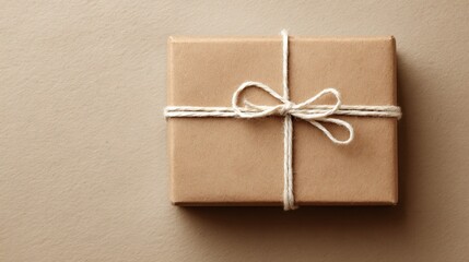 Simple Brown Gift Box with Twine on Neutral Background