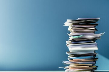Stack of documents leaning unevenly on desk with blue wall background and light reflecting off surface creating shadows and highlights