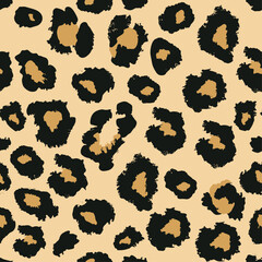 Obraz premium Leopard Animal Print Seamless Pattern with Hand Painted Spots in Beige and Black Vector Background