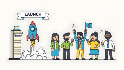 Illustration of a diverse group of people celebrating a launch with a rocket and banner in a colorful, flat design style.