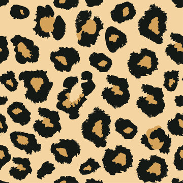 Leopard Animal Print Seamless Pattern with Hand Painted Spots in Beige and Black Vector Background