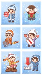 Cute Chibi Characters in Winter Clothes with Discount and Sale Signs for Seasonal Shopping Promotions