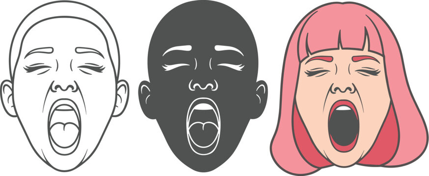 Illustration of a yawning womans face in different styles isolated on white background a tired girl with her mouth open sleepy female character