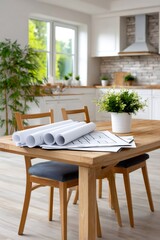 Obraz premium House blueprints and plans on kitchen table