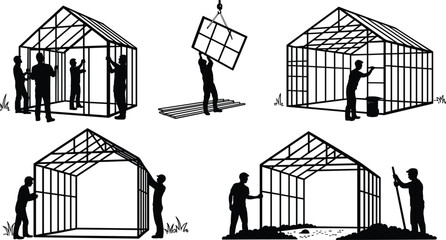 Greenhouse construction stages with workers assembling frame, lifting panels, inspecting structure, and preparing foundation in outdoor agricultural setting vector