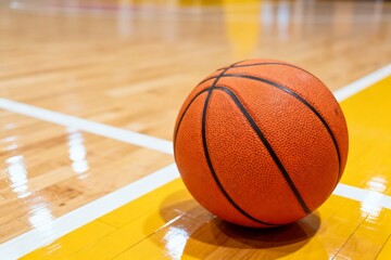 Naklejka premium Orange basketball resting on polished wooden indoor court with white line, capturing professional sports atmosphere, fitness, competition, training, recreation, dynamic energy, and basketball game.