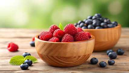 Fresh raspberries and blueberries in wooden bowls
