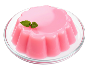 Pink molded gelatin dessert on a glass plate, garnished with mint