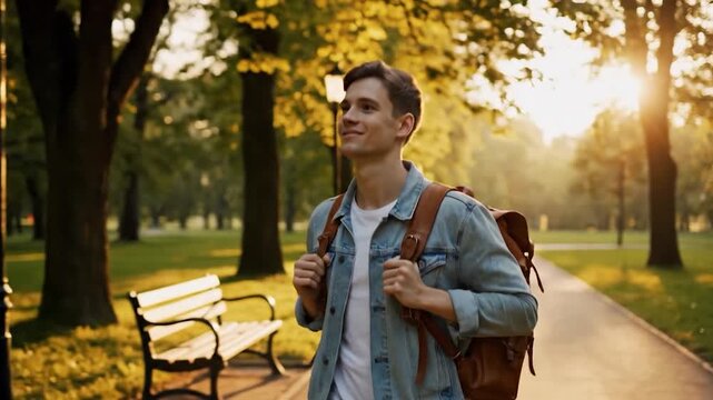 Young Man Exploring Nature in a Sunny Park with Backpack.