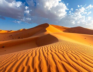 Vast, sun-drenched desert dunes under a partly cloudy sky