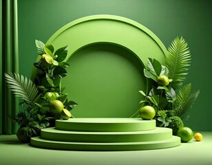 Vivid green stage with fresh fruit and tropical foliage