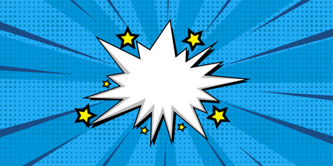Pop art comic background with cloud and star elements in vibrant blue tones. Cartoon vector illustration inspired by retro comic book style, perfect for posters, banners, ads, headlines, social media.