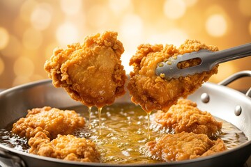 Chef carefully lifts crispy fried chicken pieces from hot oil in a large pan with tongs